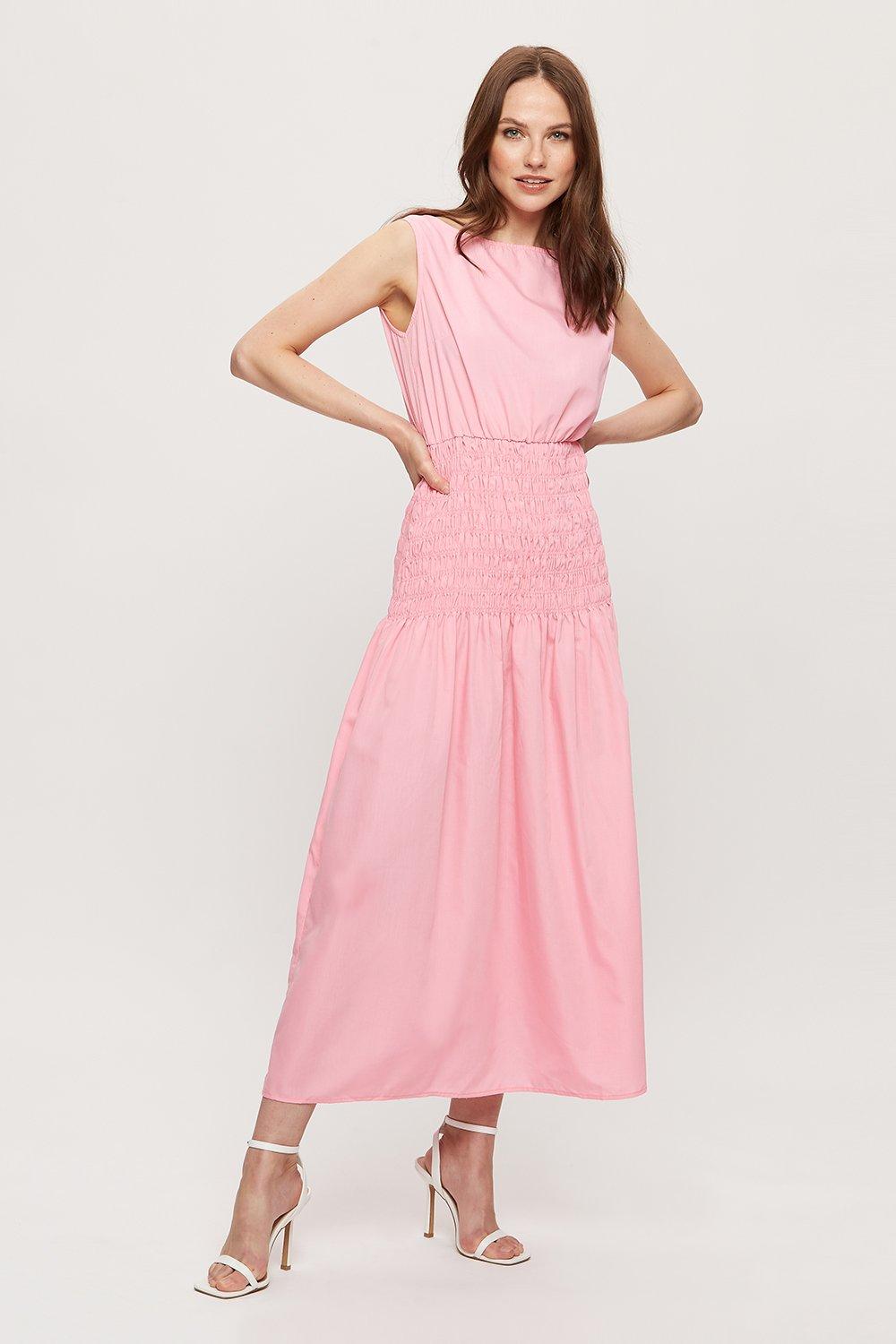 Pink Poplin Shirred Body Midaxi Dress ...